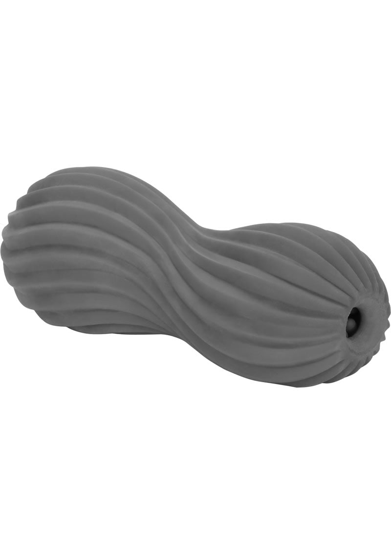 Masturbador texturizado de doble entrada y extremo abierto Apollo Dual Stroker, color gris, 6,5 pulgadas