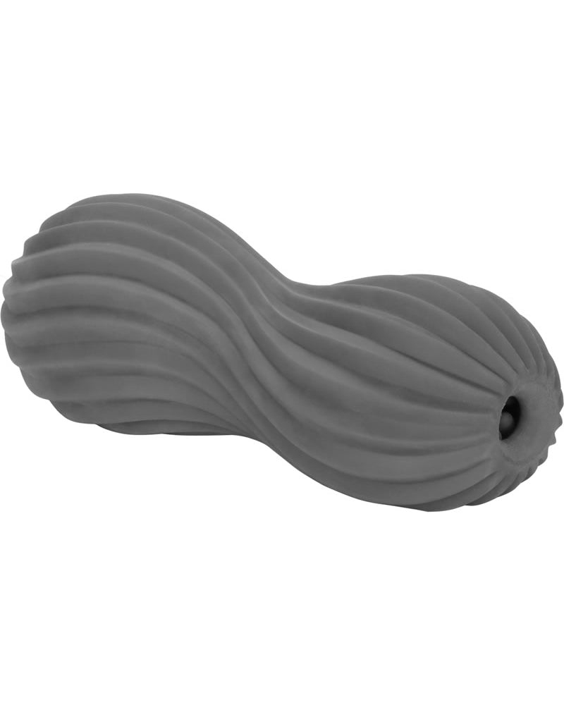 Masturbador texturizado de doble entrada y extremo abierto Apollo Dual Stroker, color gris, 6,5 pulgadas