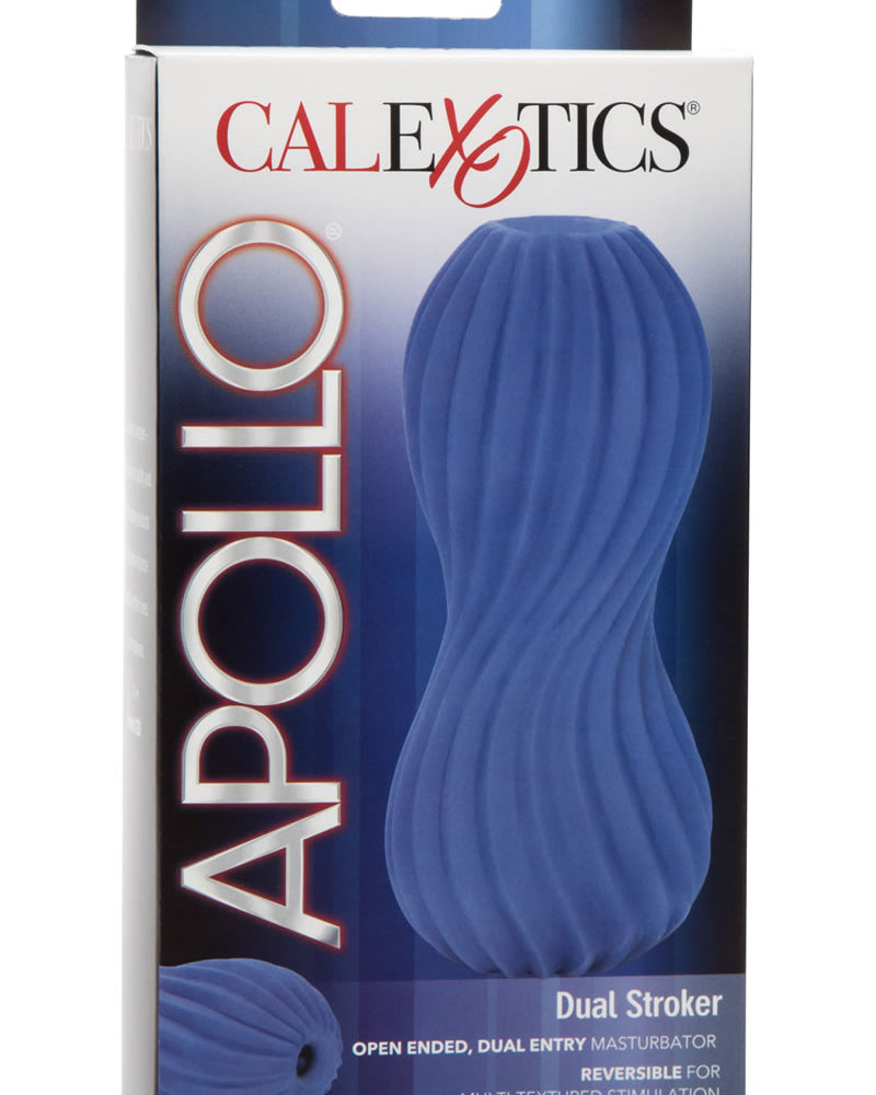 Masturbador texturizado de doble entrada y extremo abierto Apollo Dual Stroker azul de 6,5 pulgadas