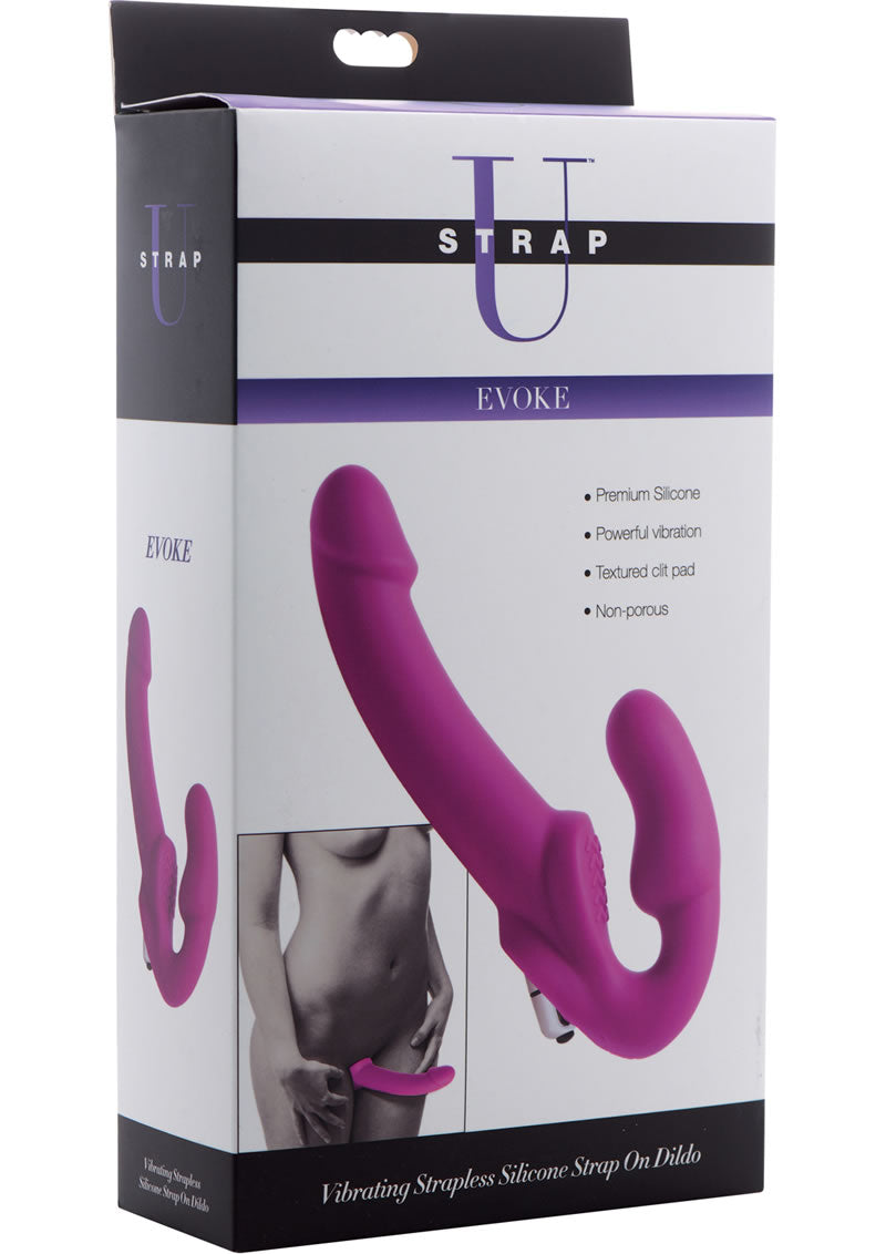 Strap U Evoke - Consolador con correa de silicona sin tirantes y vibración, color rosa