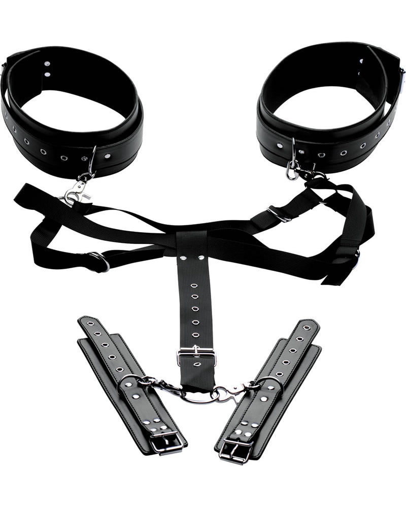 Arnés de muslos de fácil acceso Master Series Acquire con muñequeras negras y metálicas