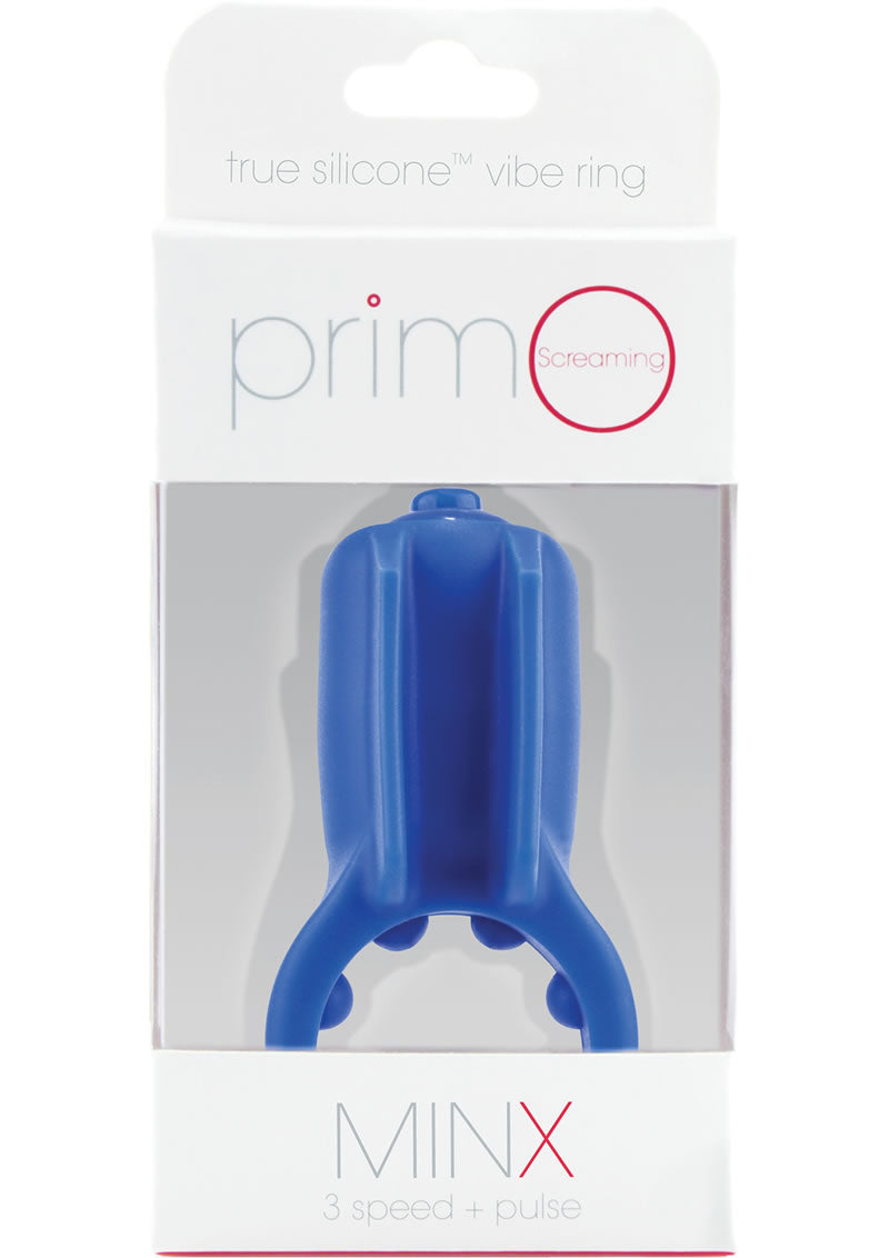 Anillo vibrador de silicona PrimO Minx True en forma de C, resistente al agua, color azul