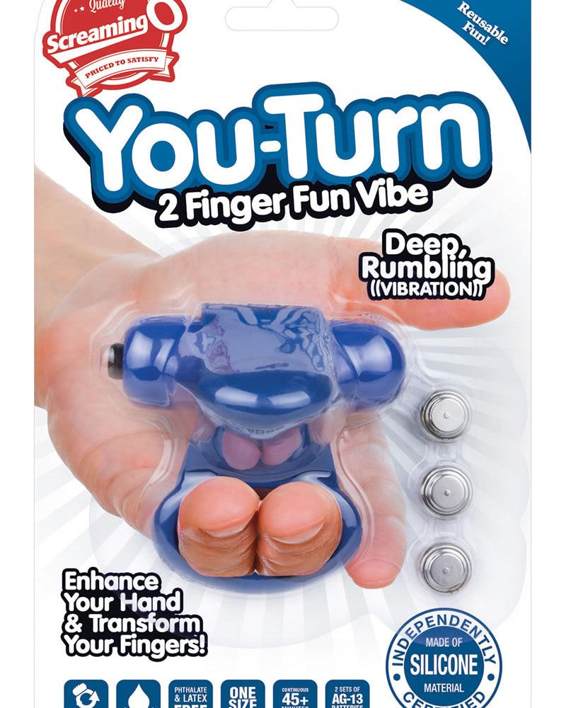 Anillo vibrador de silicona para dos dedos Screaming O You Turn resistente al agua, color arándano