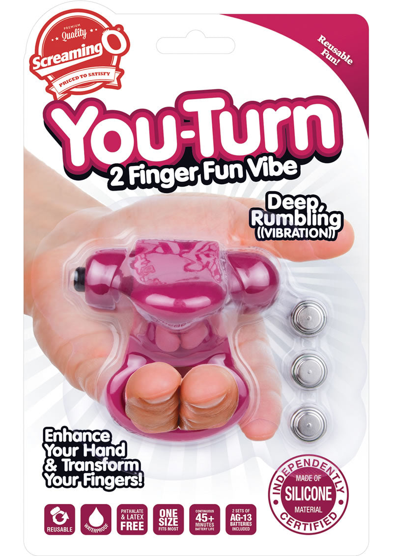 Anillo vibrador de silicona para dos dedos Screaming O You Turn, resistente al agua, color merlot