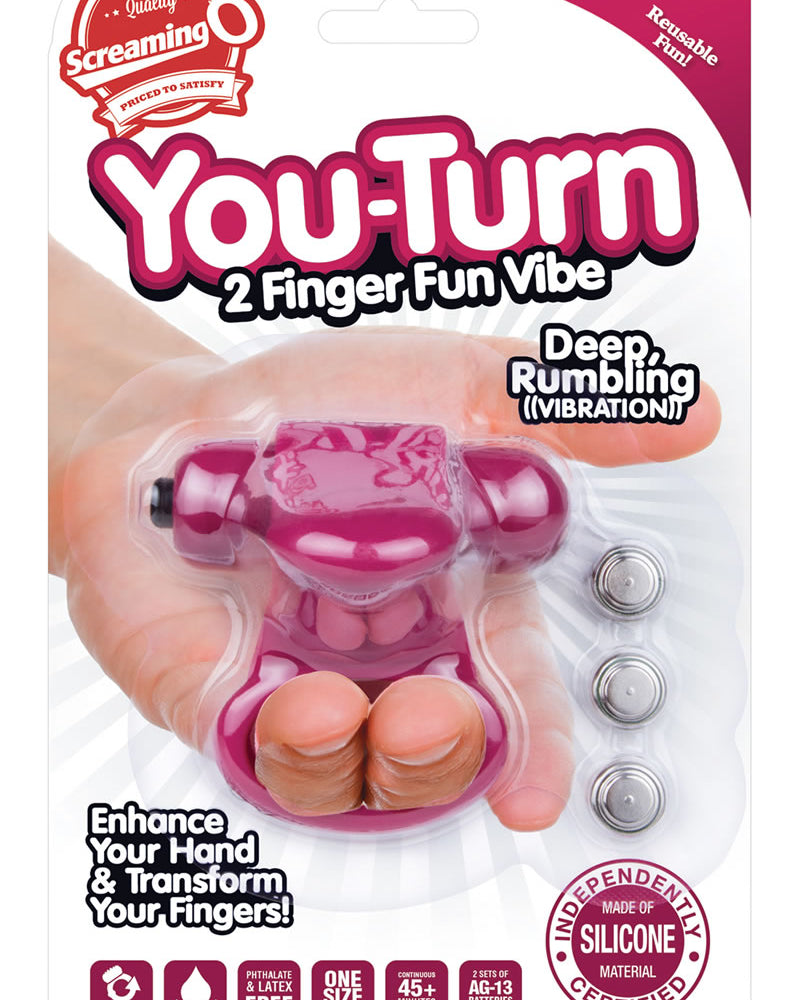 Anillo vibrador de silicona para dos dedos Screaming O You Turn, resistente al agua, color merlot