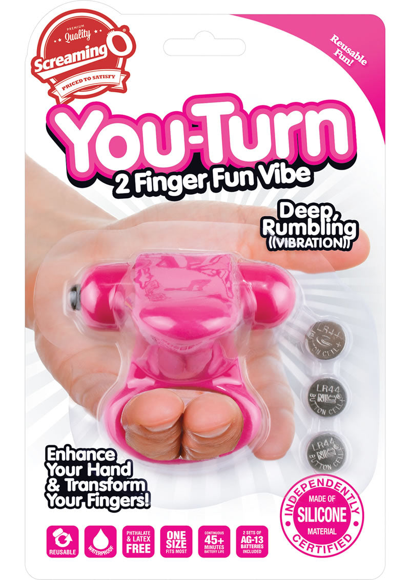 Anillo vibrador de silicona para dos dedos Screaming O You Turn resistente al agua con forma de fresa