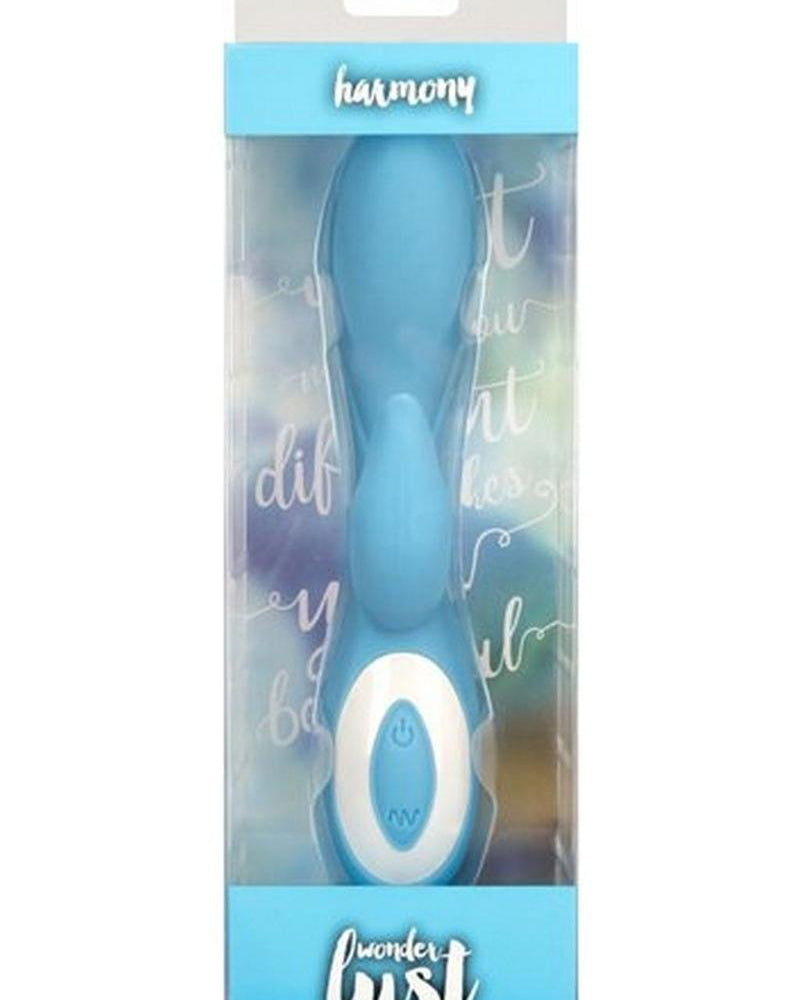 Vibrador doble de silicona recargable por USB Wonderlust Harmony, resistente al agua, color azul