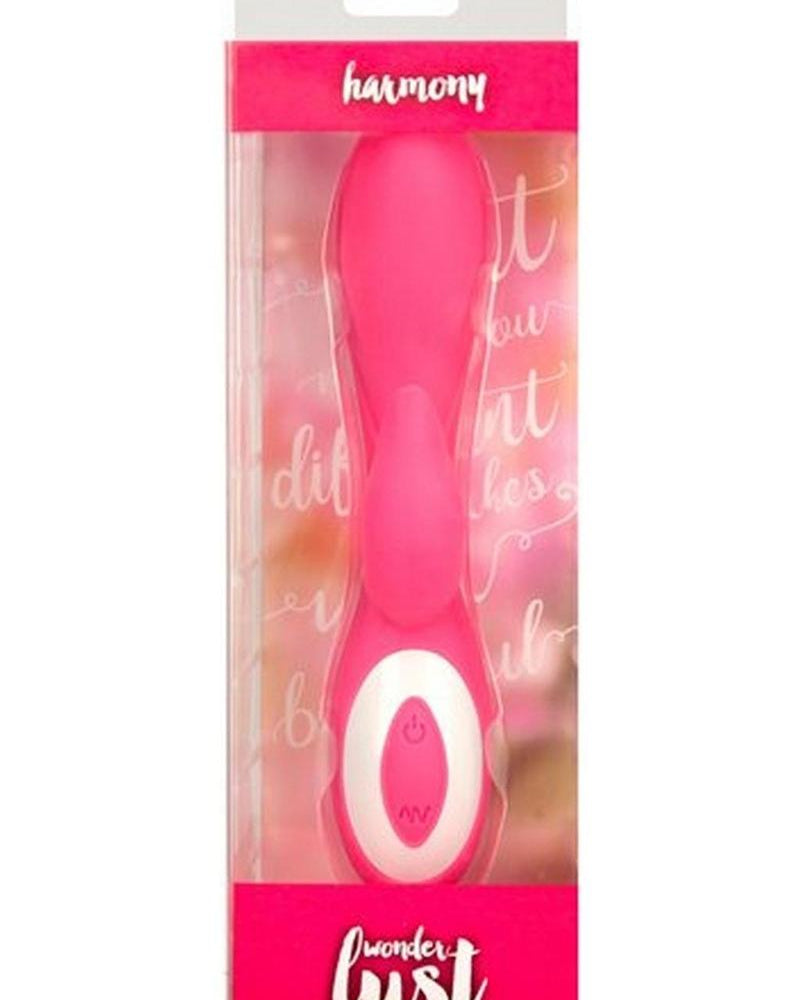 Vibrador doble de silicona recargable por USB Wonderlust Harmony, resistente al agua, color rosa