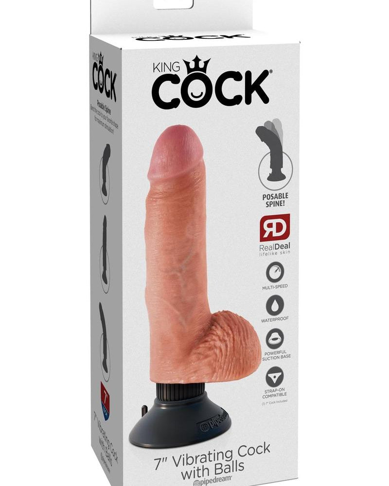 Pene vibrador King Cock de 7" con testículos color carne