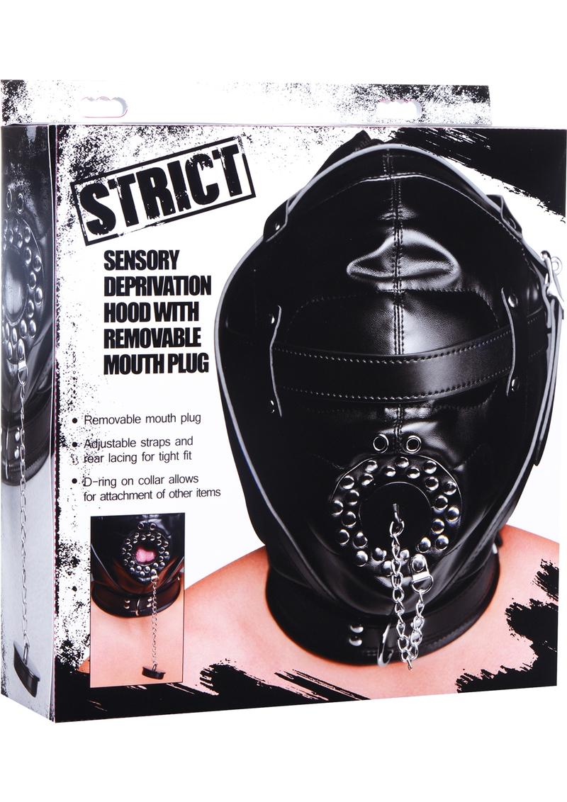 Strict Sensory Deprivation Hood With Open Mouth Gag Black