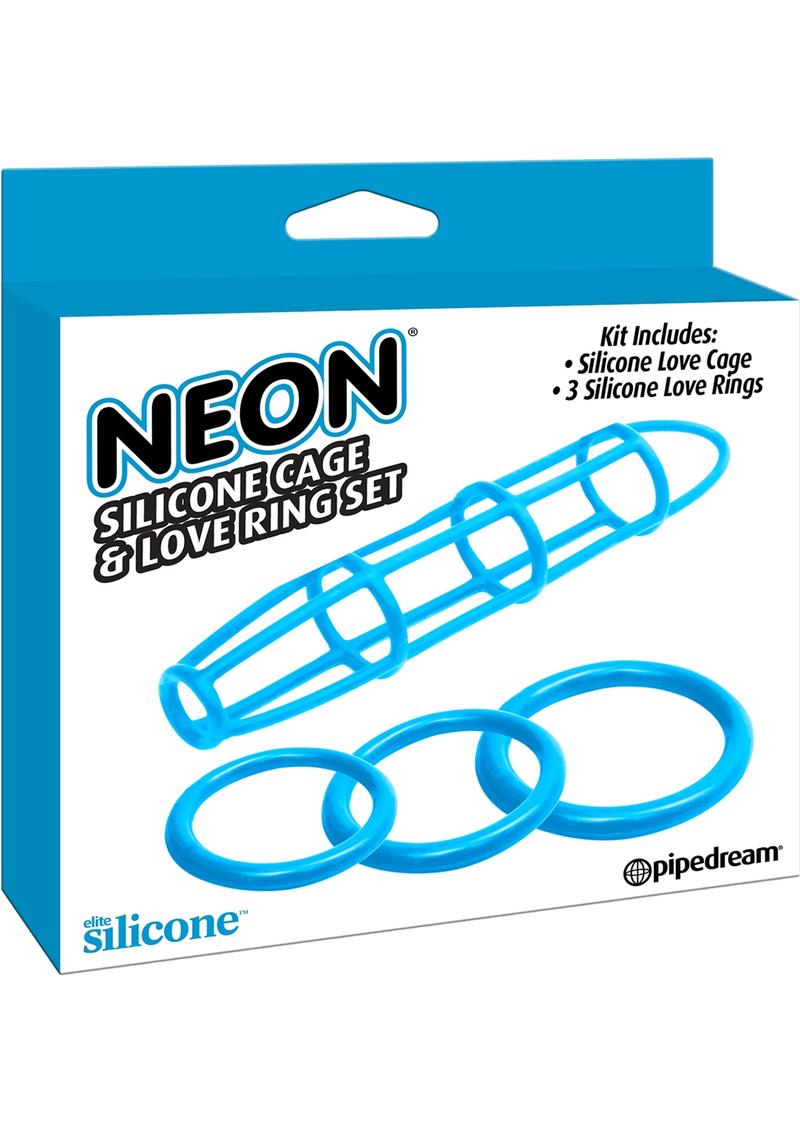 Neon Silicone Cage And Love Ring Set Blue