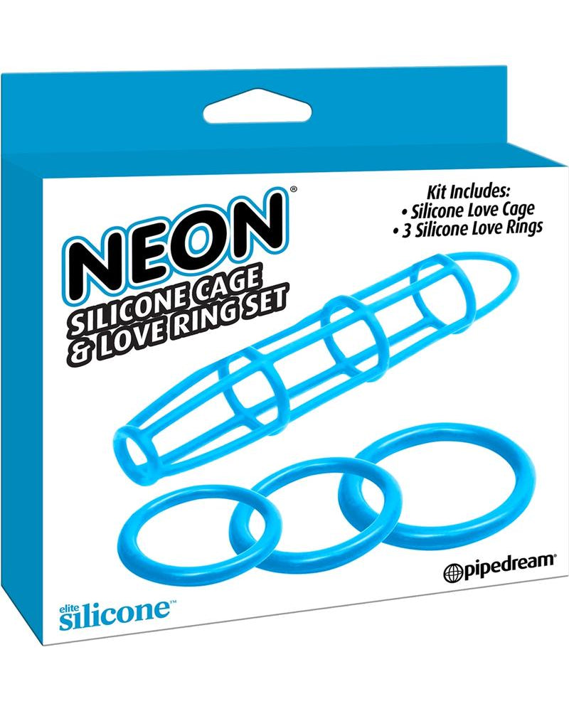 Neon Silicone Cage And Love Ring Set Blue