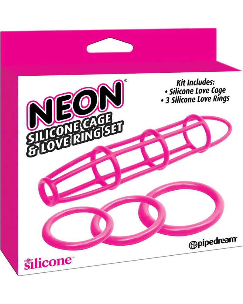 Neon Silicone Cage And Love Ring Set Pink