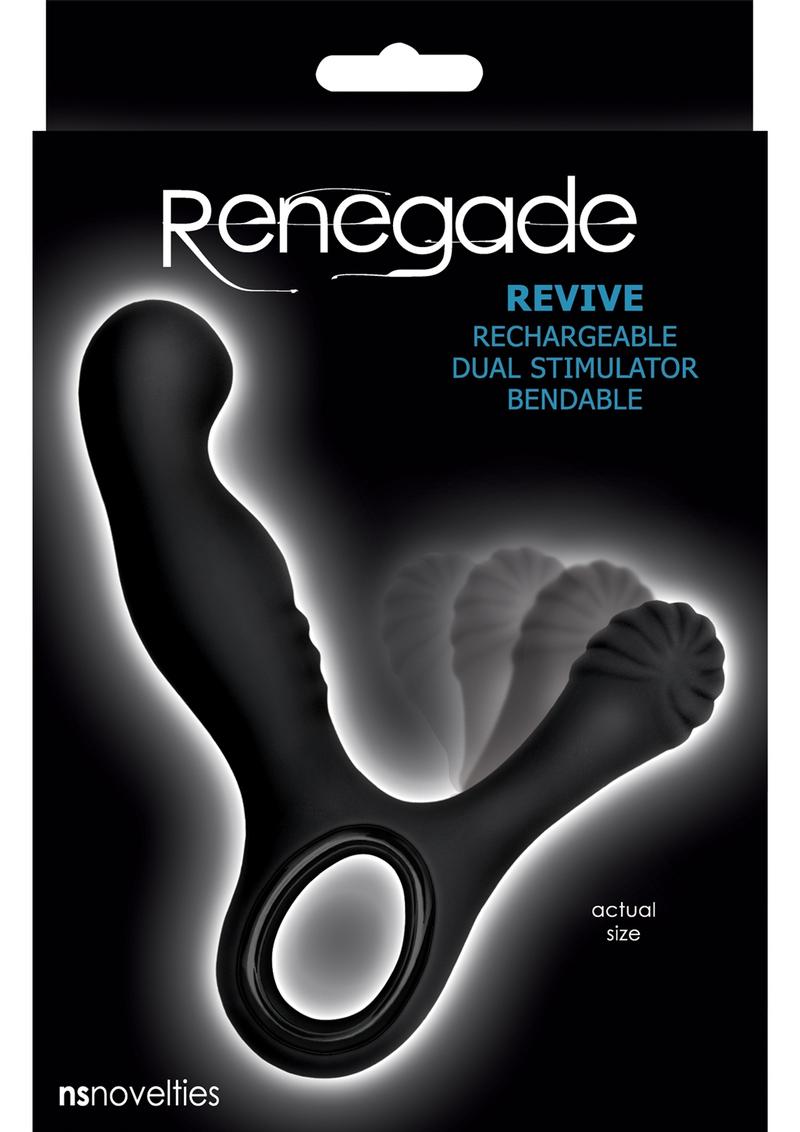 Estimulador dual de silicona recargable Renegade Revive resistente al agua, color negro