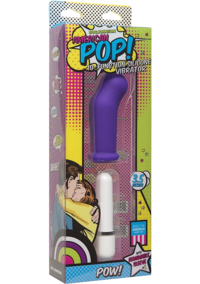 American Pop Pow 10 Function Silicone Vibrator With Sleeve Waterproof Purple 3.5 Inch