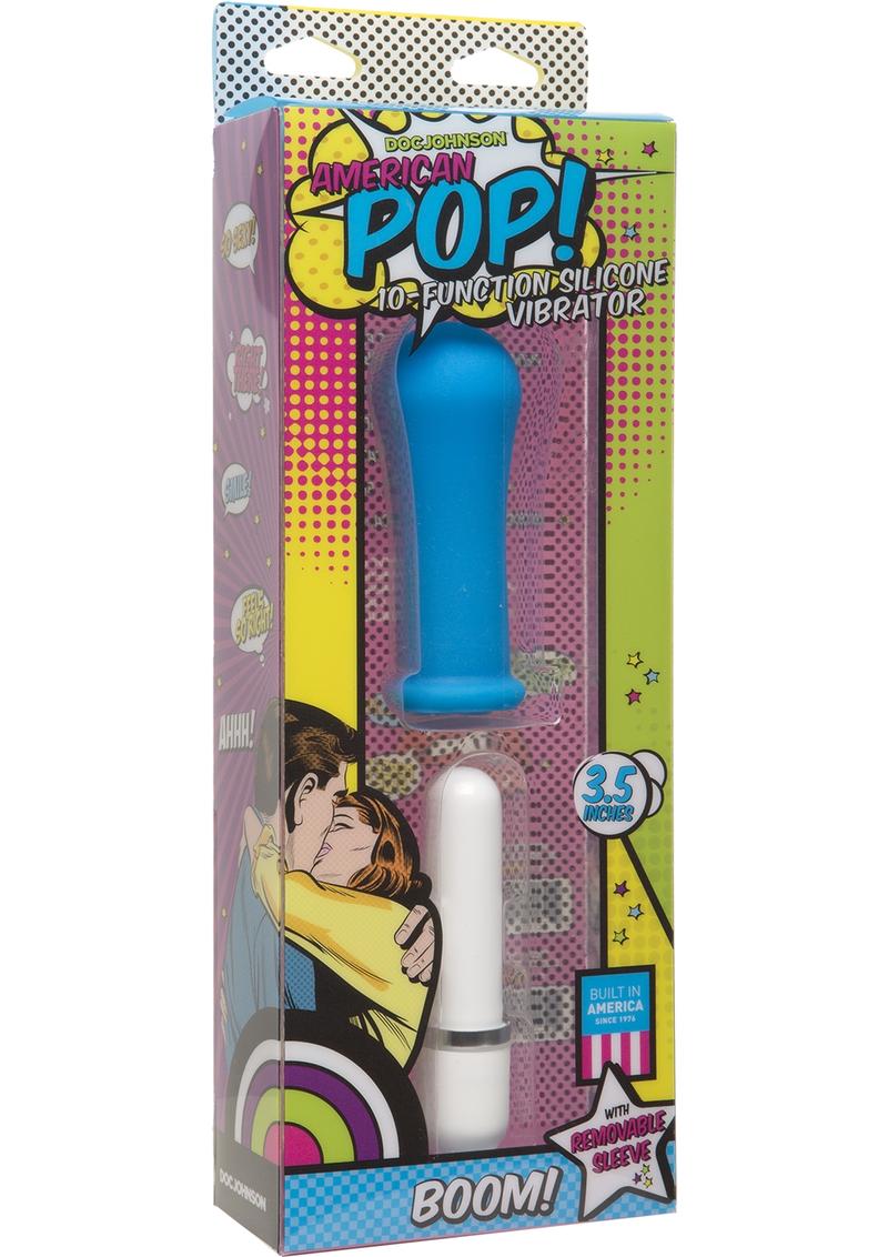 American Pop Boom 10 Function Silicone Vibrator With Sleeve Waterproof Blue 3.5 Inch