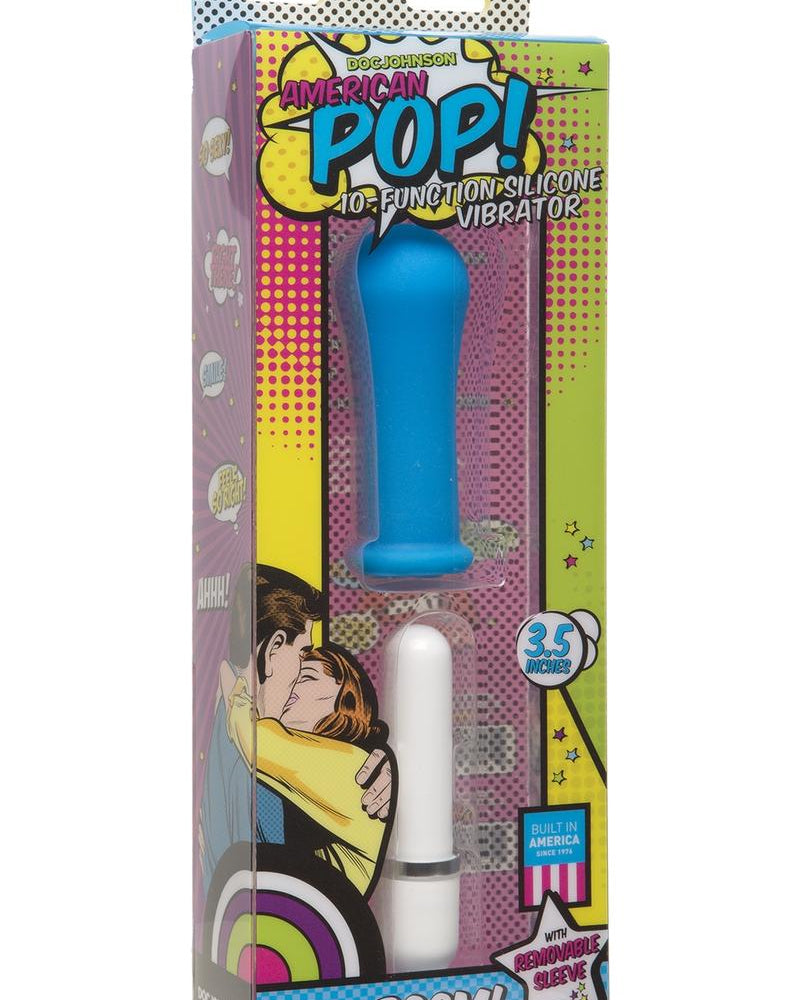 American Pop Boom 10 Function Silicone Vibrator With Sleeve Waterproof Blue 3.5 Inch