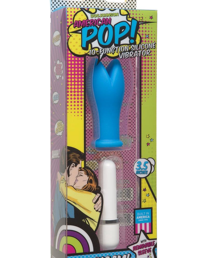 American Pop Whaam 10 Function Silicone Vibrator With Sleeve Waterproof Blue 3.5 Inch