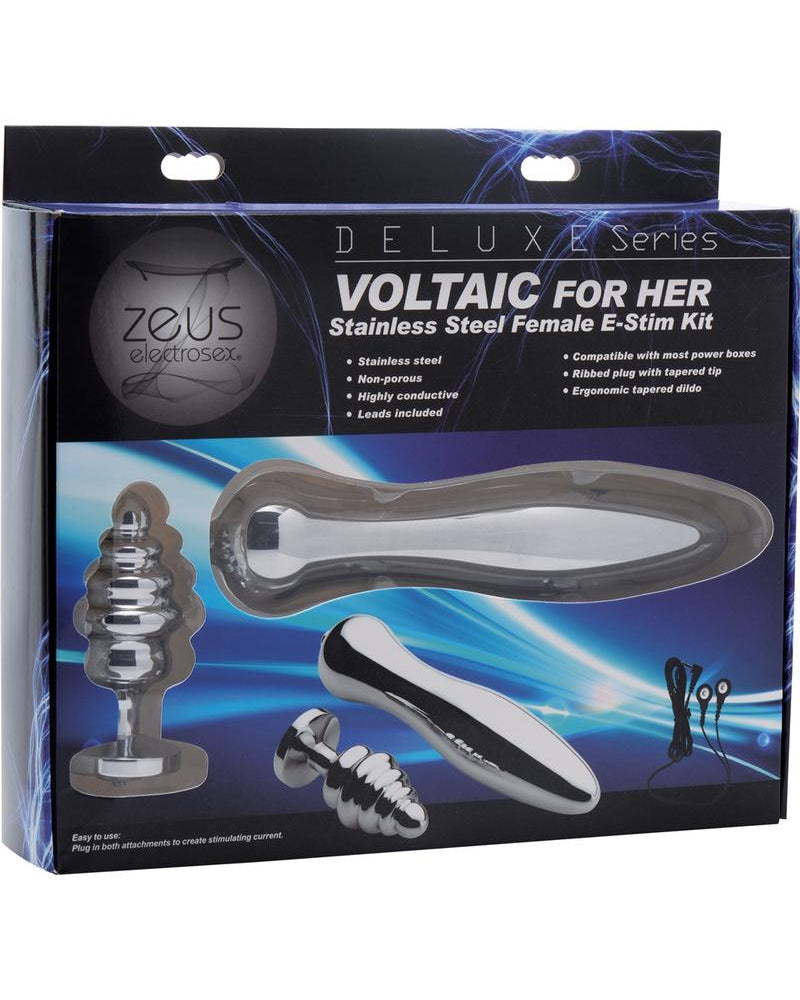 Kit de estimulación eléctrica femenina de acero inoxidable Zeus Electrosex Deluxe Series Voltaic For Her, color plateado