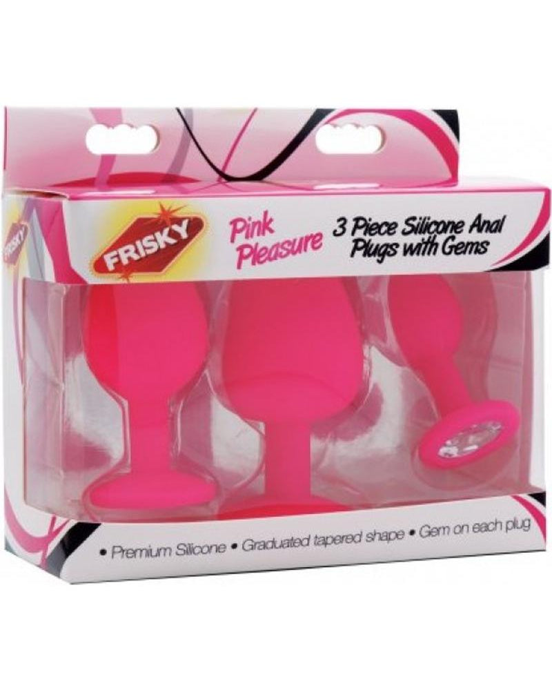 Tapones anales de 3 piezas Frisky Pink Pleasure con gemas de silicona rosa