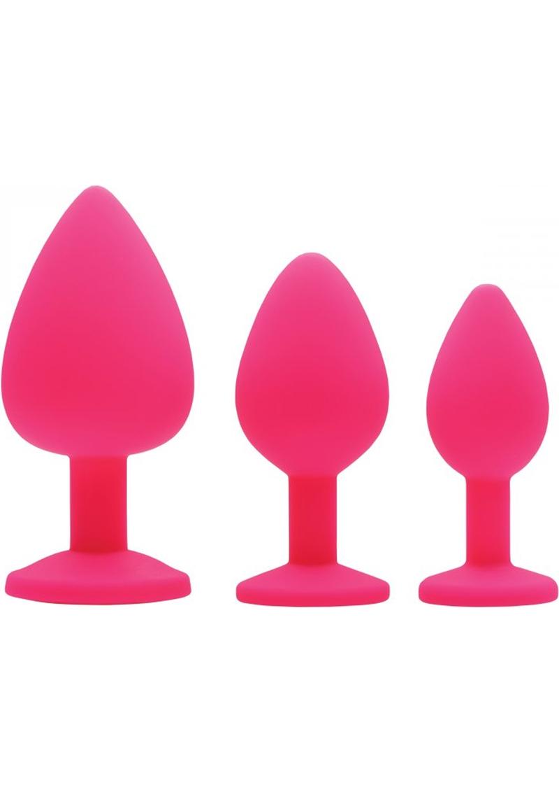 Frisky Pink Pleasure 3 Piece Anal Plugs With Gems Silicone Pink