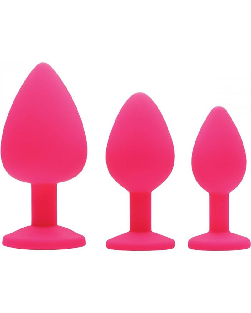 Tapones anales de 3 piezas Frisky Pink Pleasure con gemas de silicona rosa