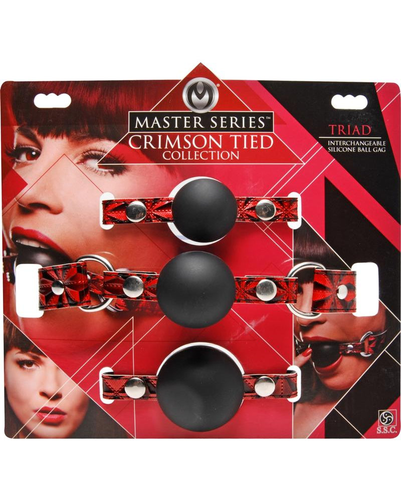 Mordaza de bola de silicona intercambiable Master Series Crimson Tied Triad en 3 tamaños surtidos