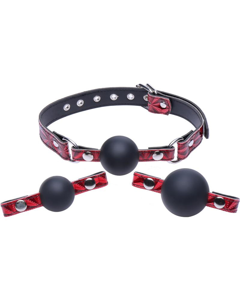 Mordaza de bola de silicona intercambiable Master Series Crimson Tied Triad en 3 tamaños surtidos