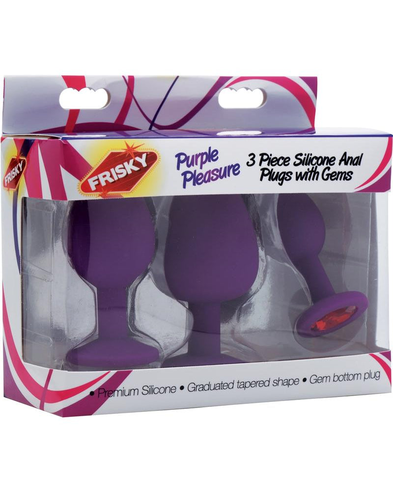 Tapones anales de silicona con gemas de color morado Frisky Pleasure, 3 unidades por juego