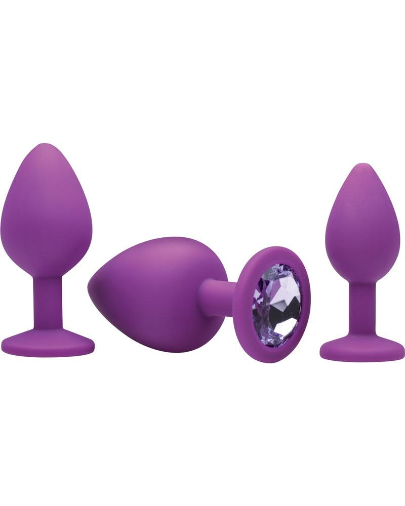 Tapones anales de silicona con gemas de color morado Frisky Pleasure, 3 unidades por juego