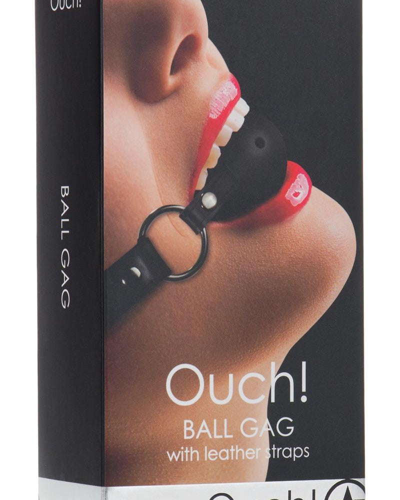 Mordaza de bola Ouch con correas de cuero, color negro