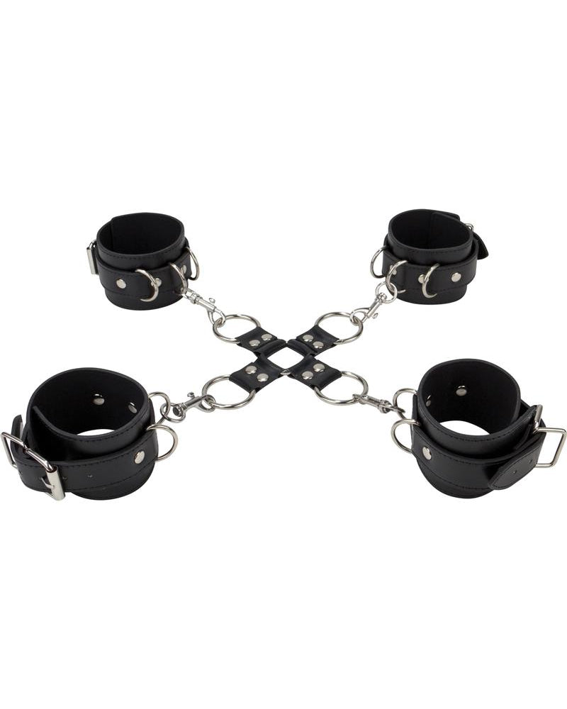 Ouch! Leather Hand And Leg Cuff Black And Silver