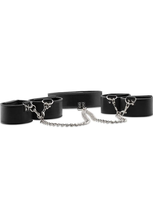 ¡Ay! Collar de cuero reversible con puños de cuero para muñecas y tobillos en color negro