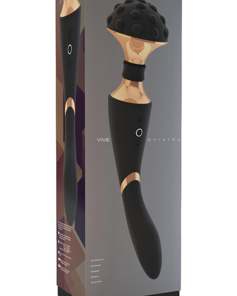 Masajeador y vibrador de doble extremo recargable por USB de silicona Vive Shiatsu, resistente al agua, color negro