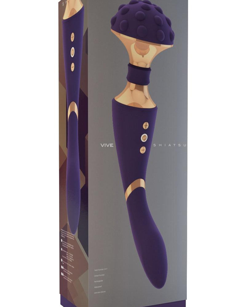 Masajeador y vibrador de doble extremo recargable por USB de silicona Vive Shiatsu, resistente al agua, morado