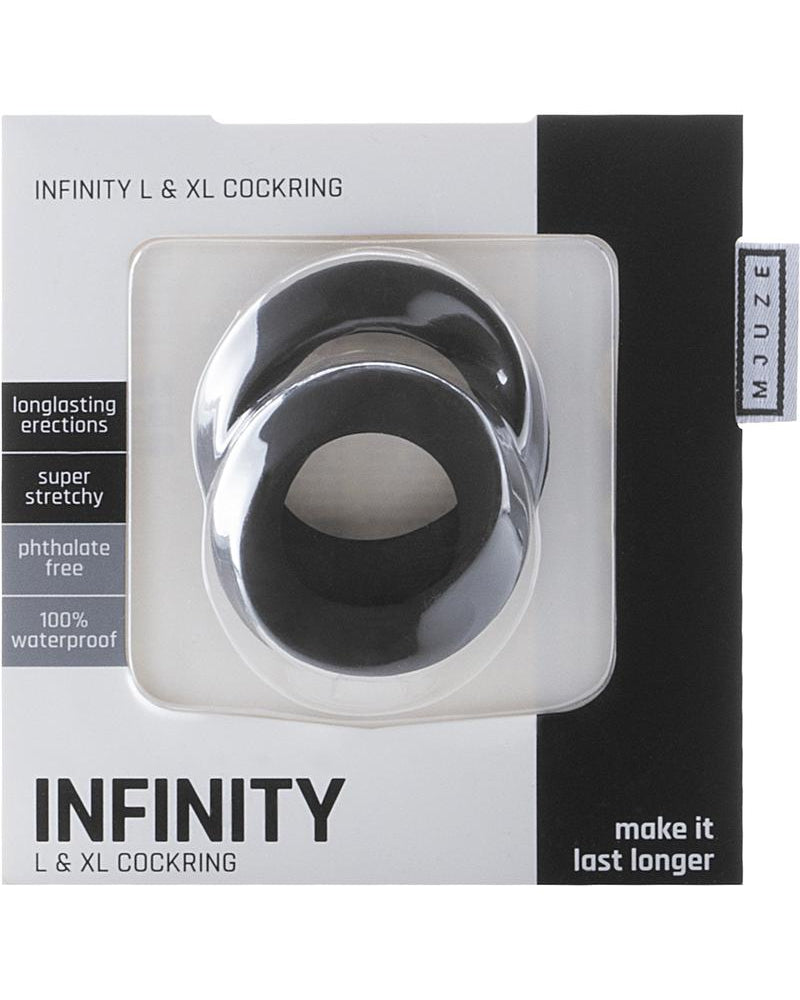 Mjuze Infinity Silicone Cock Ring Set Waterproof Black 2 Each Pack Large and Extra Large