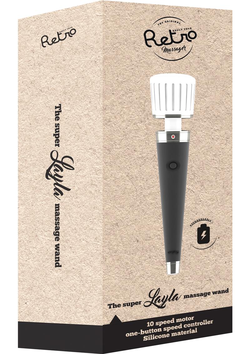 Varita de masaje de silicona retro Layla recargable por USB, resistente al agua, color negro