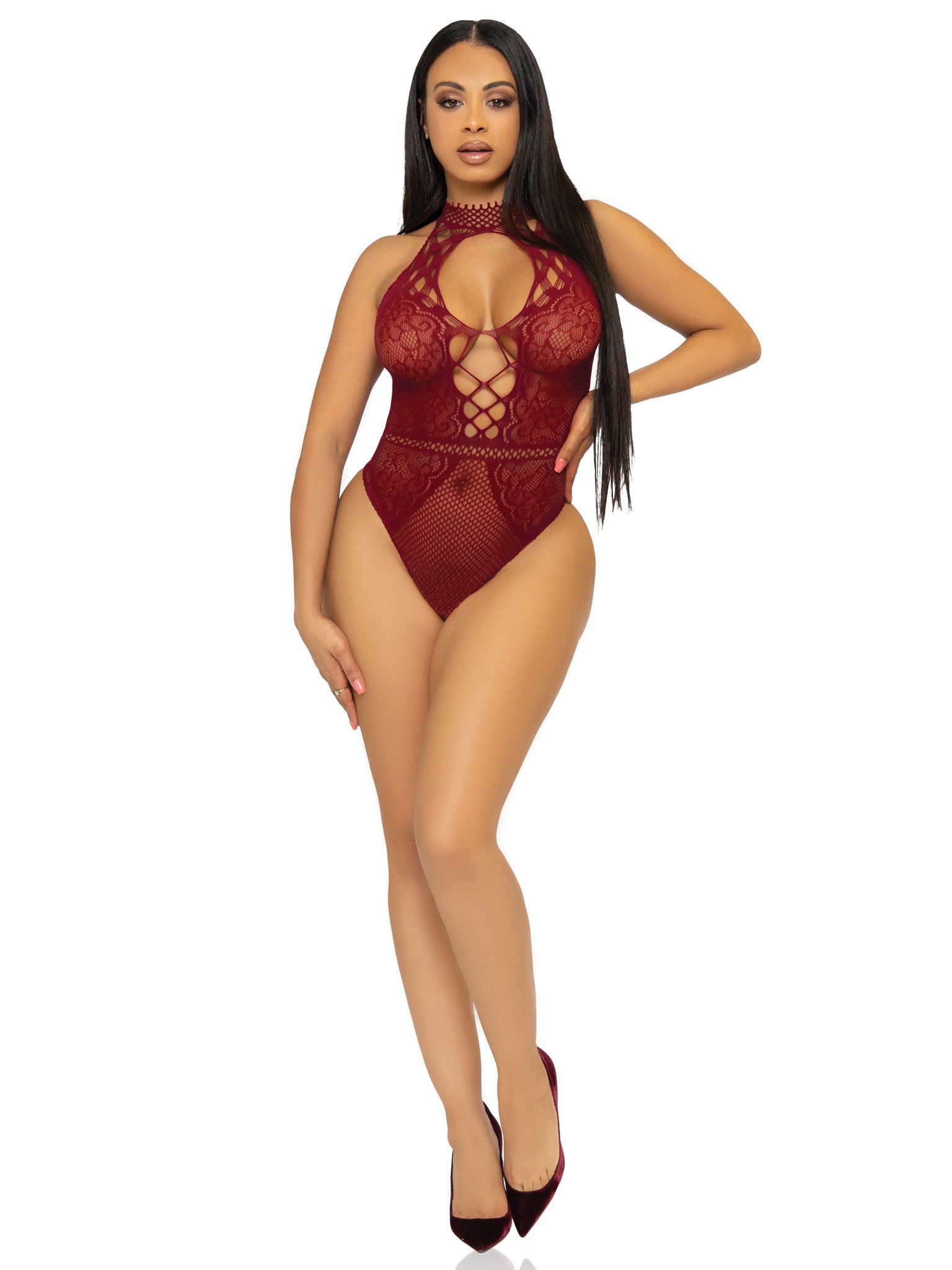 Net and Lace Keyhole Halter Bodysuit - One Size - Burgundy