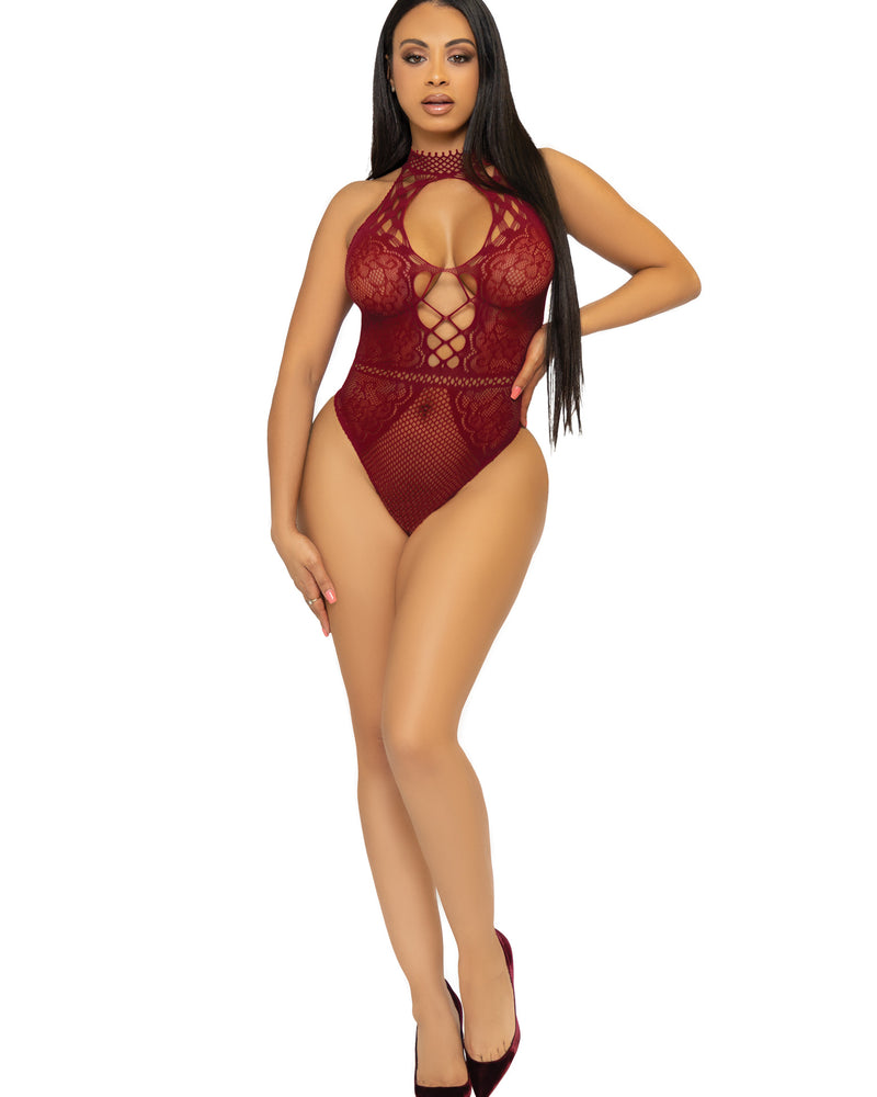 Net and Lace Keyhole Halter Bodysuit - One Size - Burgundy