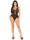 "Black Floral Lace Halter Bodysuit with Mini Bow - and Flutter Accent - Os LA-89343BLKOS"