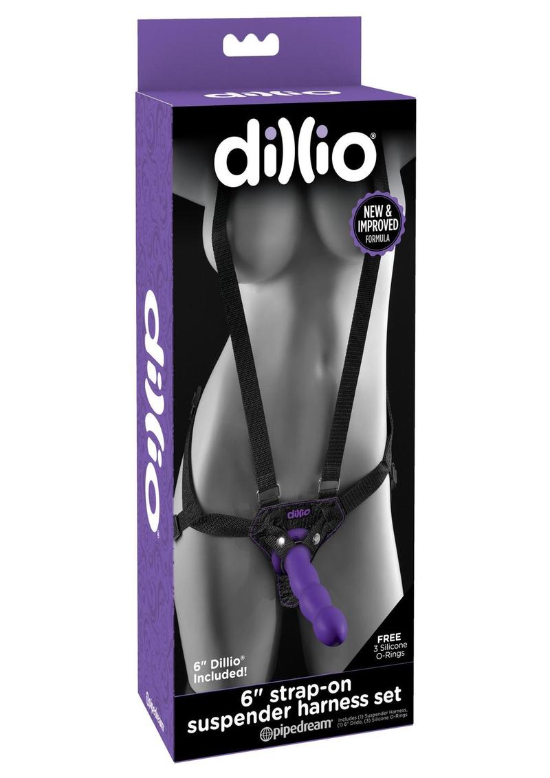 Dillio Strap-On Suspender Harness Set Black With Silicone Dong Purple 6 Inch