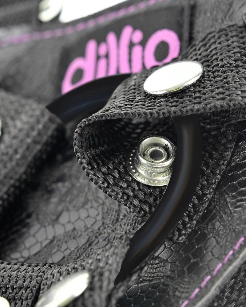 Conjunto de arnés con tirantes Dillio Strap-On, color negro, con pene de silicona rosa de 6 pulgadas