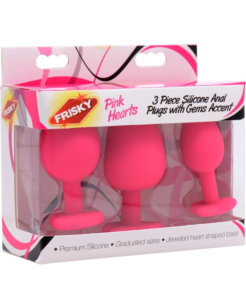 Frisky Pink Hearts Silicone Anal Plugs With Gem Accents Pink 3 Assorted Sizes Per Box