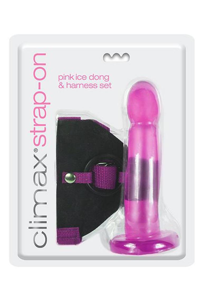 Kit de arnés ajustable Climax Strap On con pene Ice Dong rosa de 6,5 pulgadas