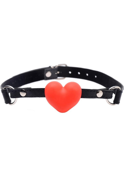 Mordaza de silicona con forma de corazón Frisky Heart Beat con correa ajustable en color rojo y negro