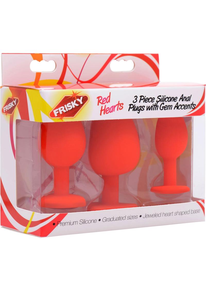 Tapones anales de silicona de 3 piezas Frisky Red Hearts con detalles de gemas