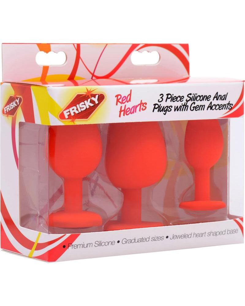 Frisky Red Hearts 3 Piece Silicone Anal Plugs With Gem Accents