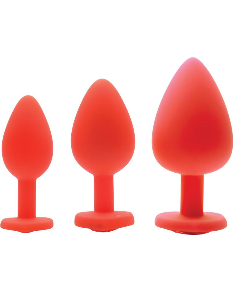 Frisky Red Hearts 3 Piece Silicone Anal Plugs With Gem Accents