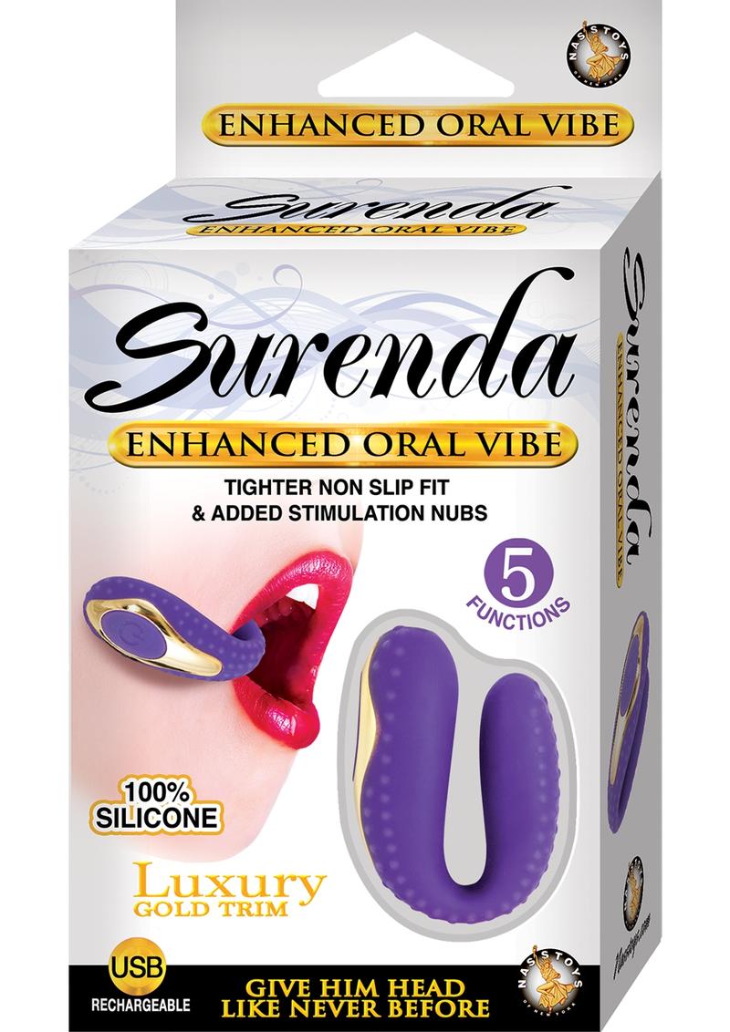 Vibrador oral mejorado Surenda de silicona resistente al agua y color morado y dorado