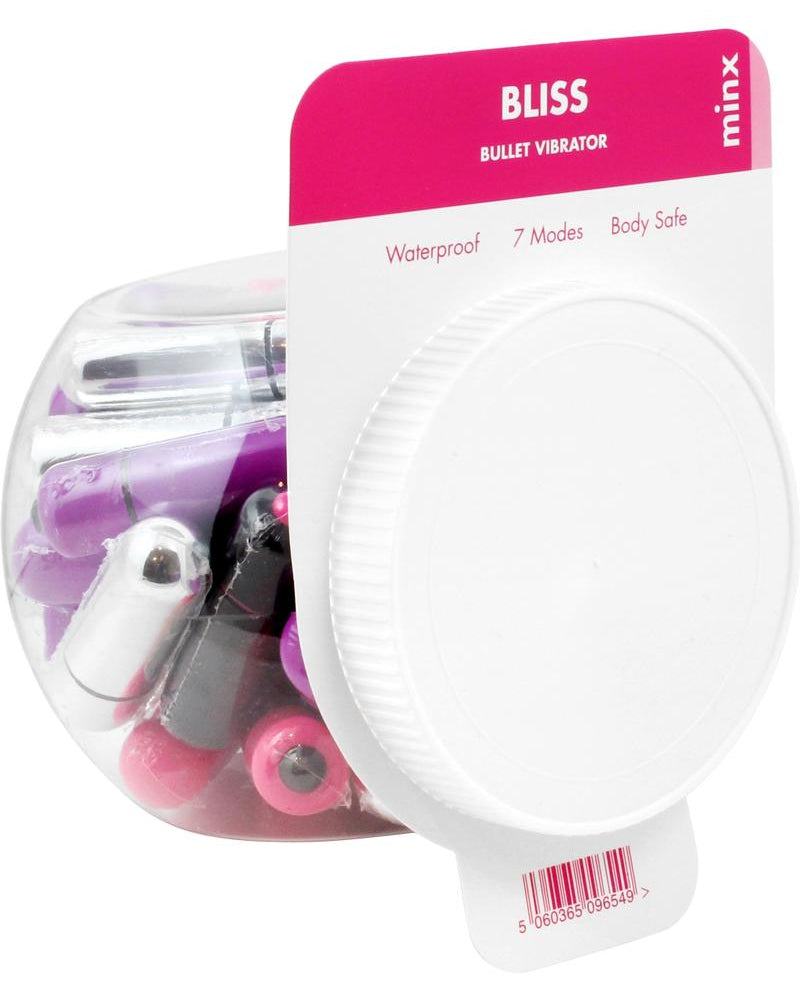 Vibradores Mini Bullet de Minx Bliss, resistentes al agua, colores surtidos, 32 unidades por recipiente